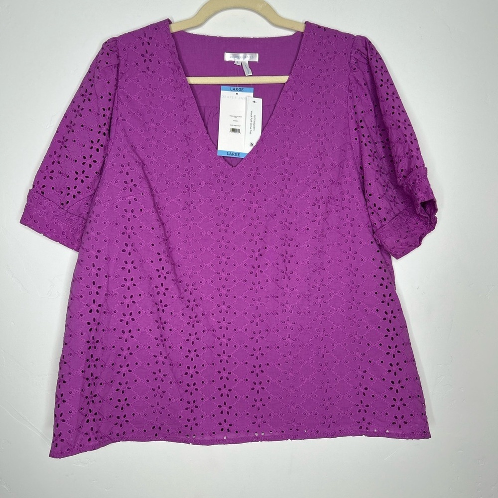 NWT Draper James Purple Eyelet V-Neck Blouse Puff Sleeves Large Preppy Summer